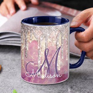 Chic rose blush pink glitter drips monogram mug