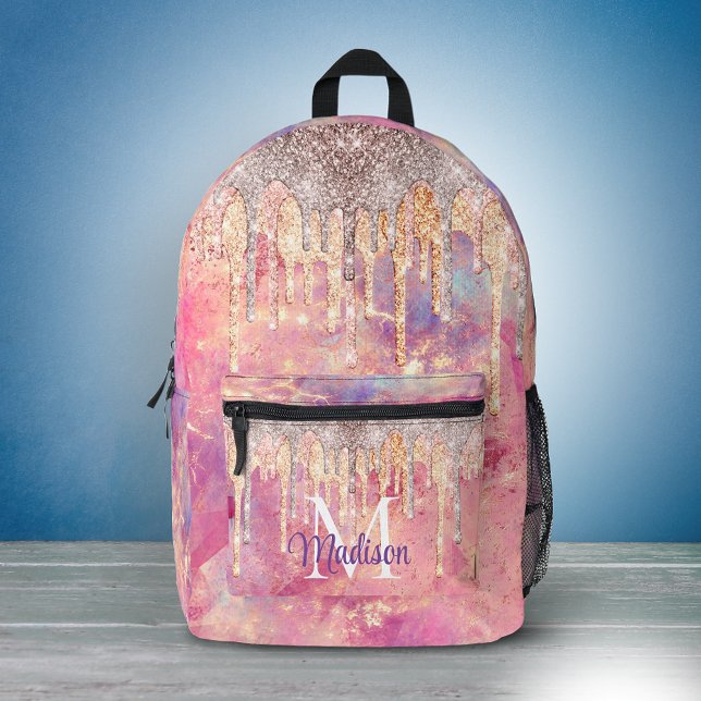 Chic rose blush pink glitter drips monogram printed backpack (Creator Uploaded)