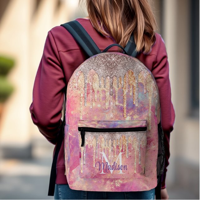 Chic rose blush pink glitter drips monogram printed backpack (Creator Uploaded)