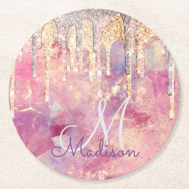Chic rose blush pink glitter drips monogram square round paper coaster (Front)
