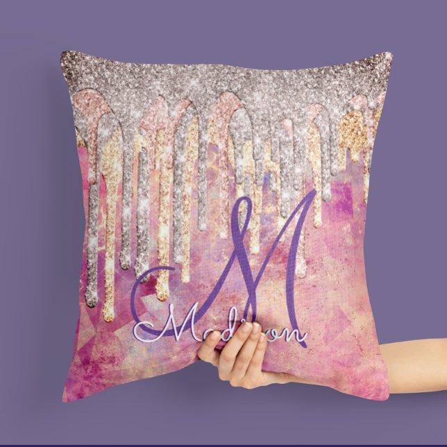 Chic rose blush pink holographic dripping monogram cushion (Creator Uploaded)