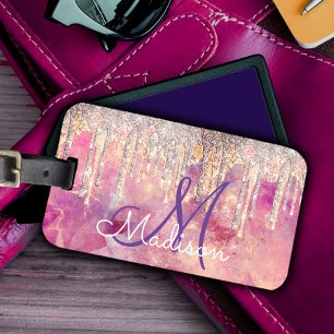 Chic rose blush pink holographic dripping monogram luggage tag