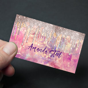 Chic rose blush pink holographic dripping monogram magnetic business card