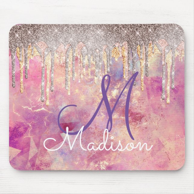 Chic rose blush pink holographic dripping monogram mouse pad (Front)