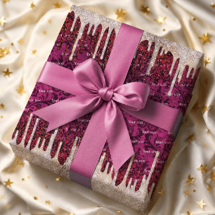 Chic Rose Blush Red Glitter Drips Monogram Wrapping Paper