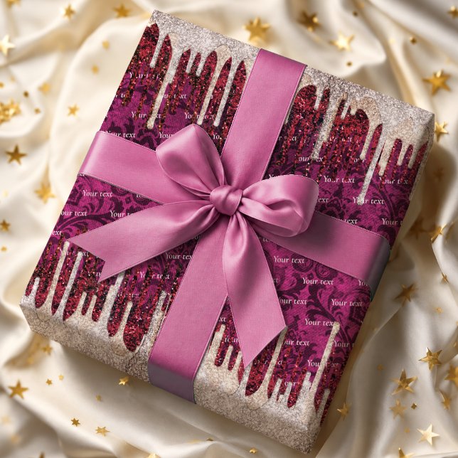 Chic Rose Blush Red Glitter Drips Monogram Wrapping Paper (Creator Uploaded)