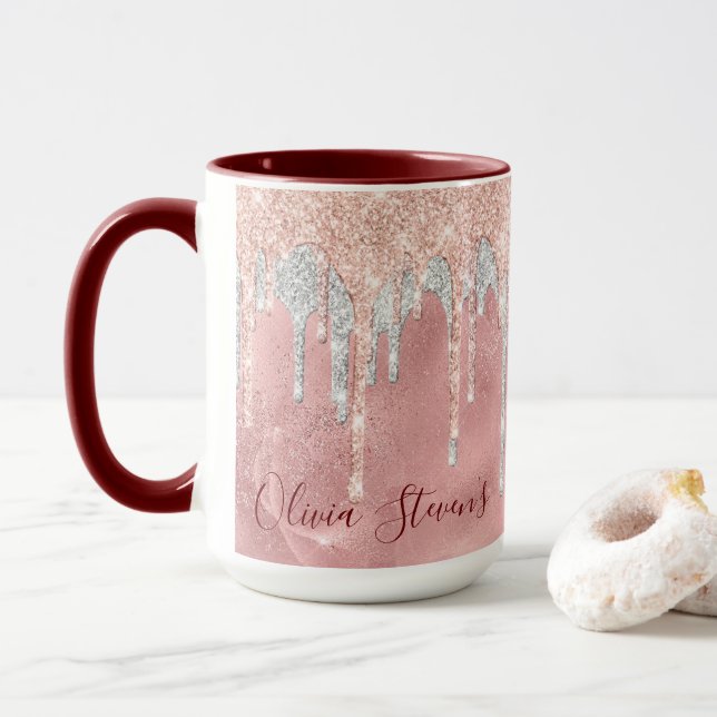 Chic rose blush silver dripping monogram mug (With Donut)