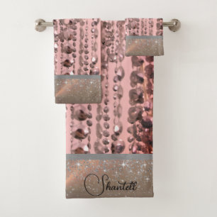 Chic Rose Blush Stringed Beads Personalised Bath Towel Set