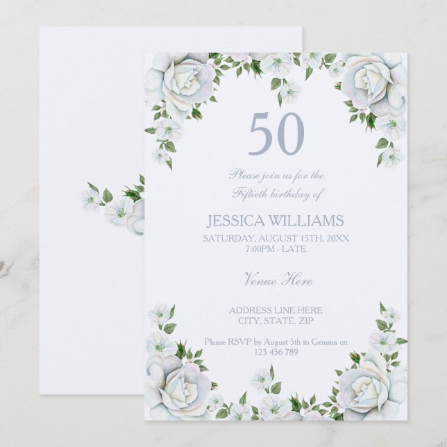 Chic Rose Border Floral 50th Birthday Invitation (Front/Back)