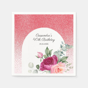 Chic Rose Floral Red Glitter Birthday  Napkin