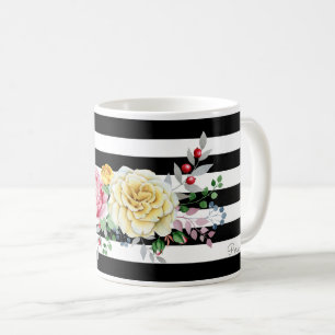 Chic Rose Floral Trendy Black Stripes and Name Coffee Mug