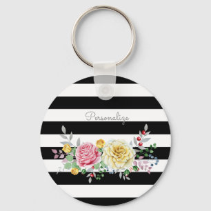 Chic Rose Floral Trendy Black Stripes and Name Key Ring