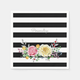 Chic Rose Floral Trendy Black Stripes and Name Napkin