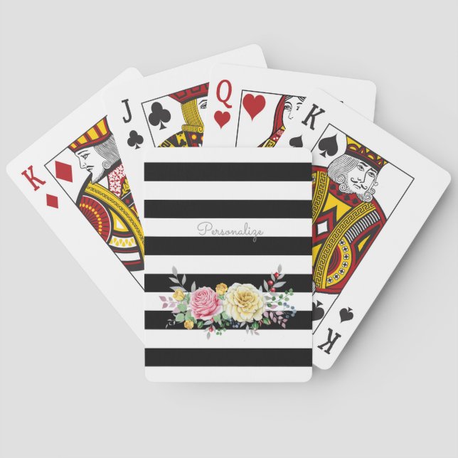Chic Rose Floral Trendy Black Stripes and Name Playing Cards (Back)