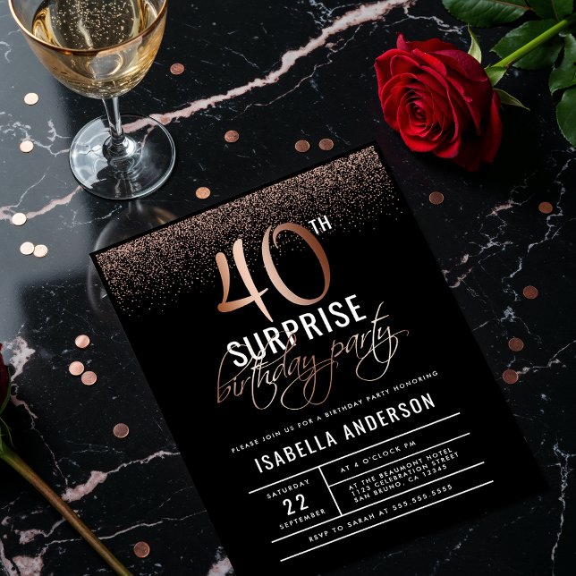 Chic Rose Gold 40th Surprise Birthday Party Invitation Postcard (Creator Uploaded)