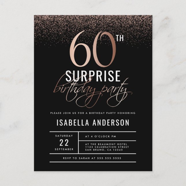 Chic Rose Gold 60th Surprise Birthday Party Invitation Postcard (Front)