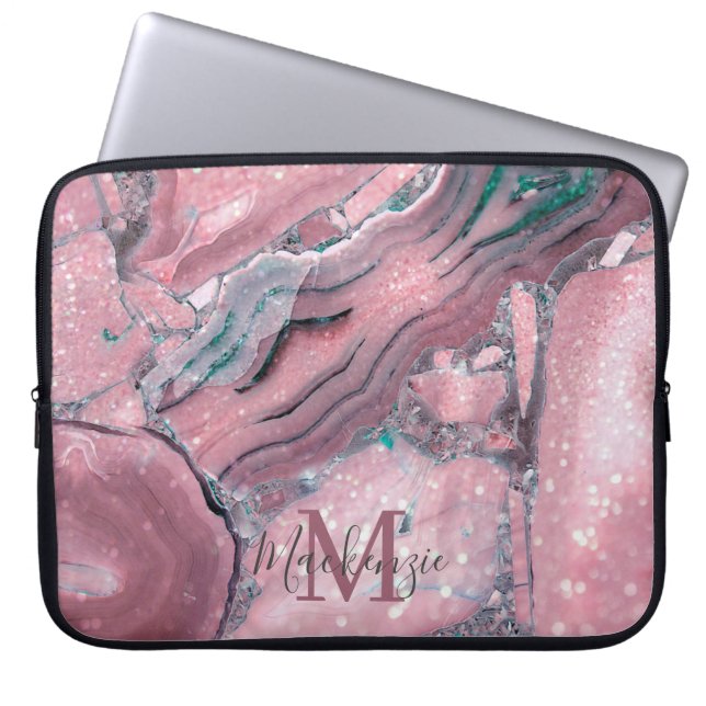 Chic Rose Gold Agate Geode Sparkle Monogram Laptop Sleeve (Front)