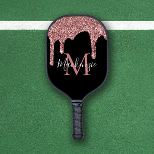 Chic Rose Gold and Black Glitter Drips Monogram Pickleball Paddle