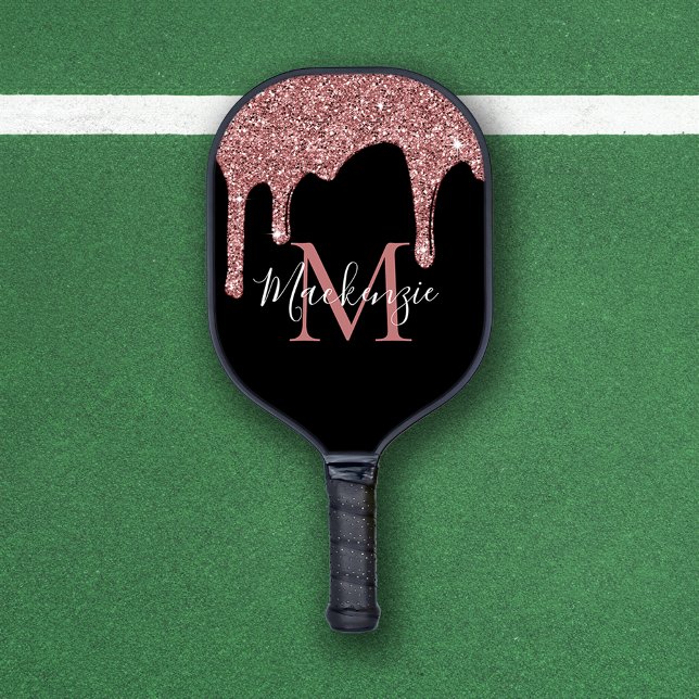 Chic Rose Gold and Black Glitter Drips Monogram Pickleball Paddle (Chic Rose Gold and Black Glitter Drips Monogram Pickleball Paddle)