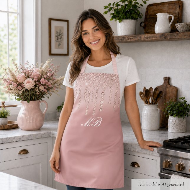 Chic Rose Gold Apron (elegant glam chic luxury pink rose gold diamond apron with custom monogram initials)