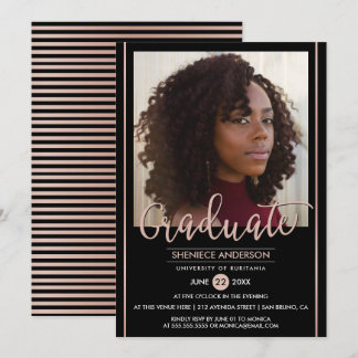 Chic Rose Gold & Black Graduation | Custom Photo Invitation
