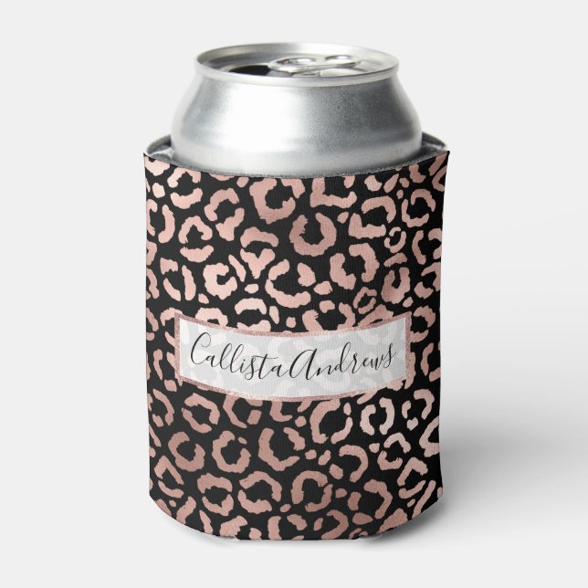 Chic Rose Gold Black Leopard Cheetah Animal Print Can Cooler (Can Front)