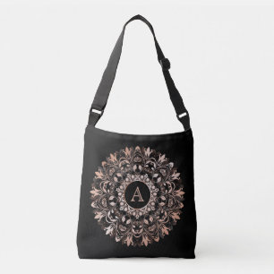 Chic Rose Gold Black Mandala Monogram Crossbody Bag