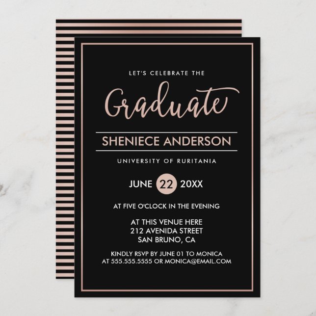 Chic Rose Gold & Black Script & Script Graduation Invitation (Front/Back)