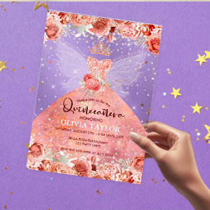 Chic rose gold blush dress floral Quinceanera Acrylic Invitations
