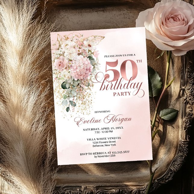 Chic Rose Gold Blush Floral 50th Birthday Invite @ (Chic Rose Gold Blush Floral 50th Birthday Invitation)