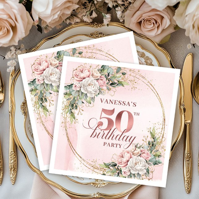 Chic Rose Gold Blush Floral Greenery 50th Birthday Napkin (Chic Rose Gold Blush Floral Greenery 50th Birthday Napkins

)