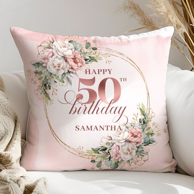 Chic Rose Gold Blush Flowers 50th Birthday Decor  Cushion (Chic Rose Gold Blush Flowers 50th Birthday Decorative Gift

)