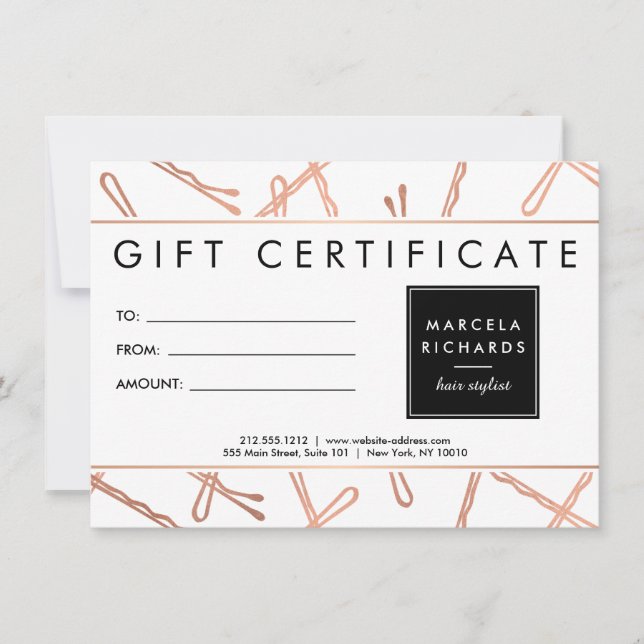 Chic Rose Gold Bobby Pins Hair Stylist Gift Card (Front)