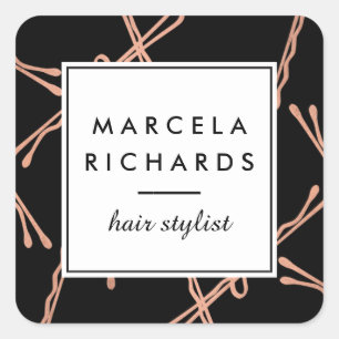Chic Rose Gold Bobby Pins Hair Stylist Salon Black Square Sticker