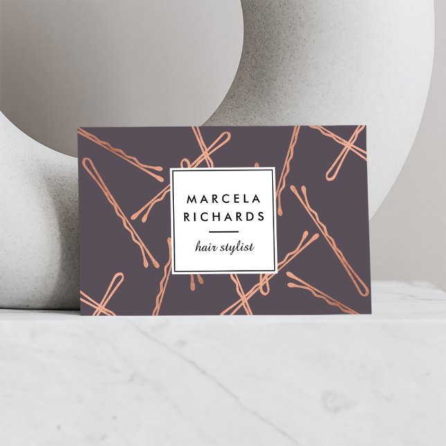 Chic Rose Gold Bobby Pins Hair Stylist Salon Grey Business Card (Creator Uploaded)