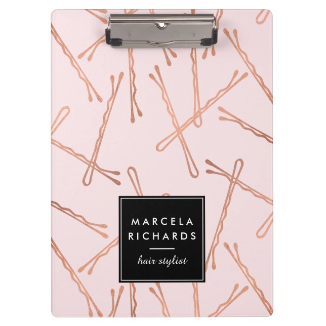 Chic Rose Gold Bobby Pins Hair Stylist Salon Pink Clipboard (Front)