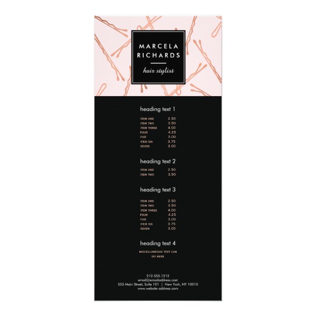 Chic Rose Gold Bobby Pins Hair Stylist Salon Pink Rack Card (Front)
