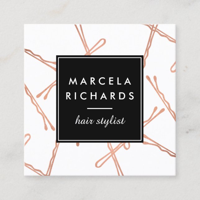 Chic Rose Gold Bobby Pins Hair Stylist Salon Square Business Card (Front)