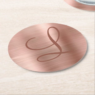 Chic Rose Gold Brushed Metal Monogram Initial Round Paper Coaster