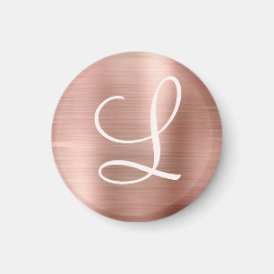 Chic Rose Gold Brushed Metal Pink Monogram Magnet