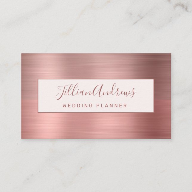 Chic Rose Gold Brushed Metal Script Professional Business Card (Front)