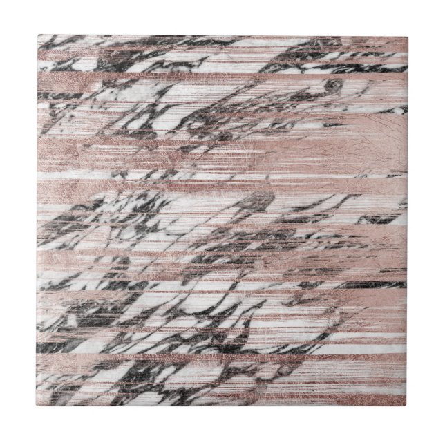 Chic Rose Gold Brushstrokes on Black White Marble Tile (Front)
