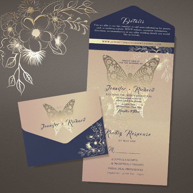 Chic Rose Gold Butterfly Wedding All In One Invitation (Creator Uploaded)