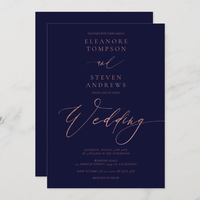 Chic rose gold calligraphy luxe navy blue wedding invitation (Front/Back)