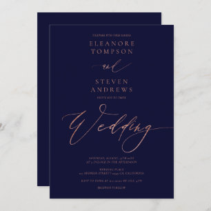 Chic rose gold calligraphy luxe navy blue wedding invitation