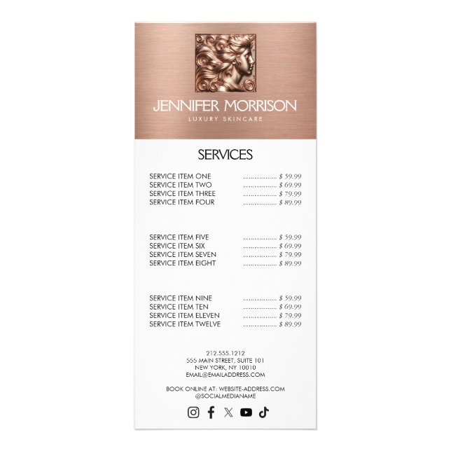 Chic Rose Gold Cameo Logo Beauty, Hair, Skincare Rack Card (Front)
