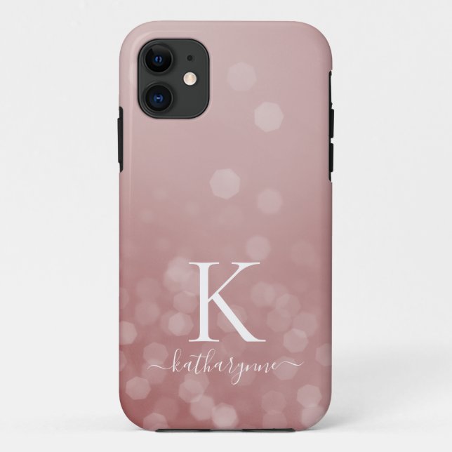 Chic Rose Gold Champagne Sparkle Bokeh Monogram Case-Mate iPhone Case (Back)