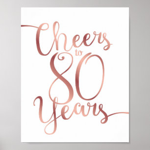 Chic Rose Gold CHEERS TO 80 YEARS Sign Print