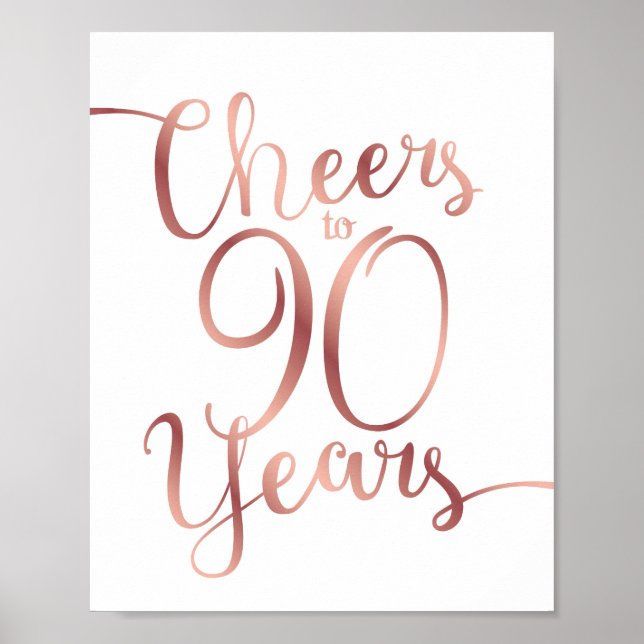 Chic Rose Gold CHEERS TO 90 YEARS Sign Print (Front)