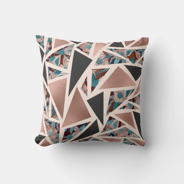 Chic Rose Gold Copper Teal Black Floral Geometric Cushion (Front)